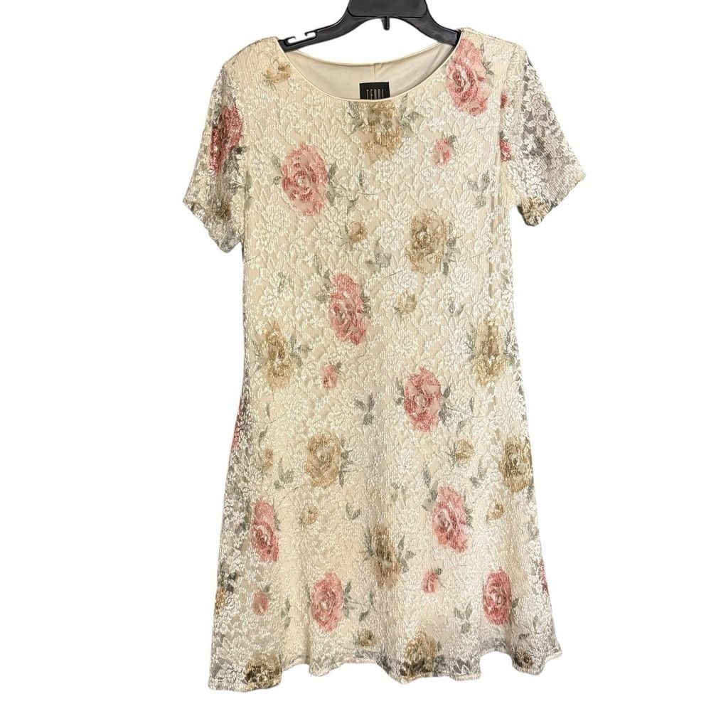 Vintage Teddi Floral Lace Overlay Cream Dress Size 12 Shorter Length